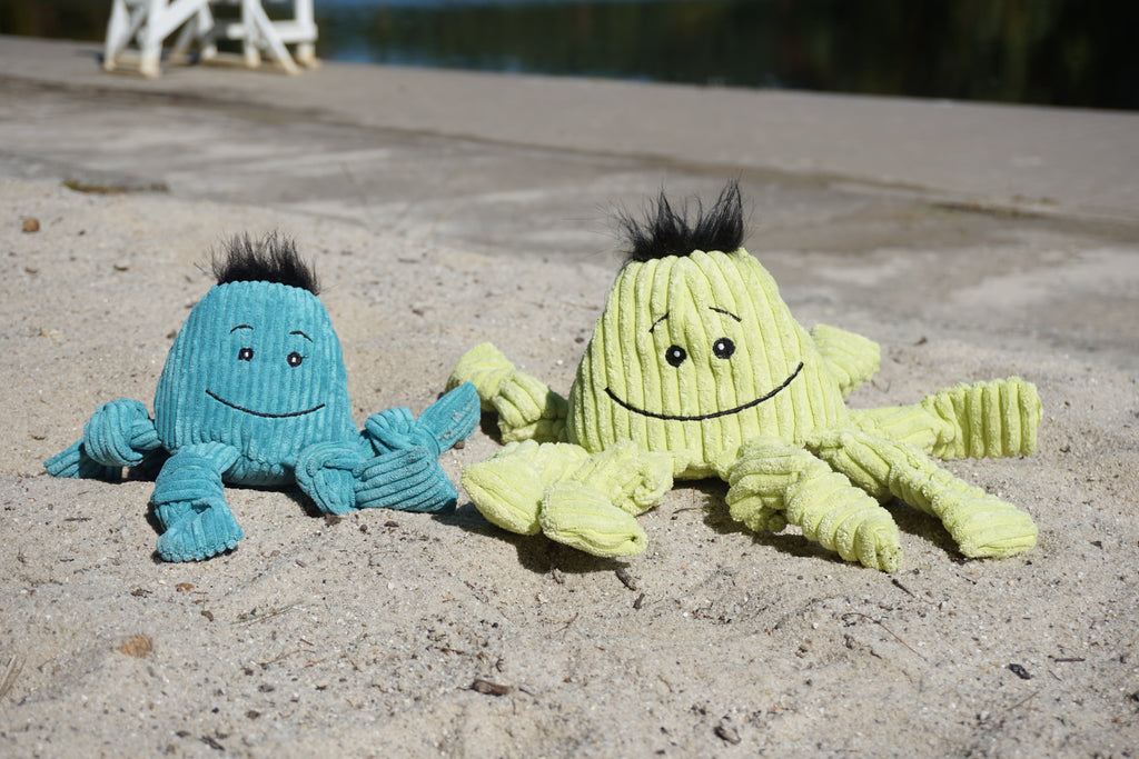 Plush octopus dog toys on ground: teal and lime with smiling faces and knottie limbs