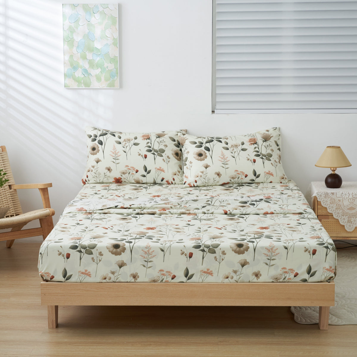 Floral microfiber sheet set on bed with two pillowcases, botanical garden pattern
