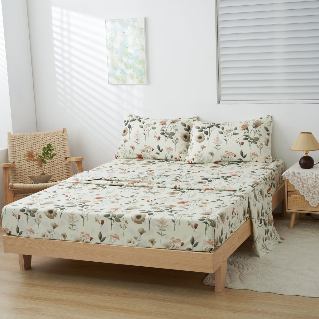 Floral microfiber sheet set with cream base and meadow botanical print; includes pillowcases