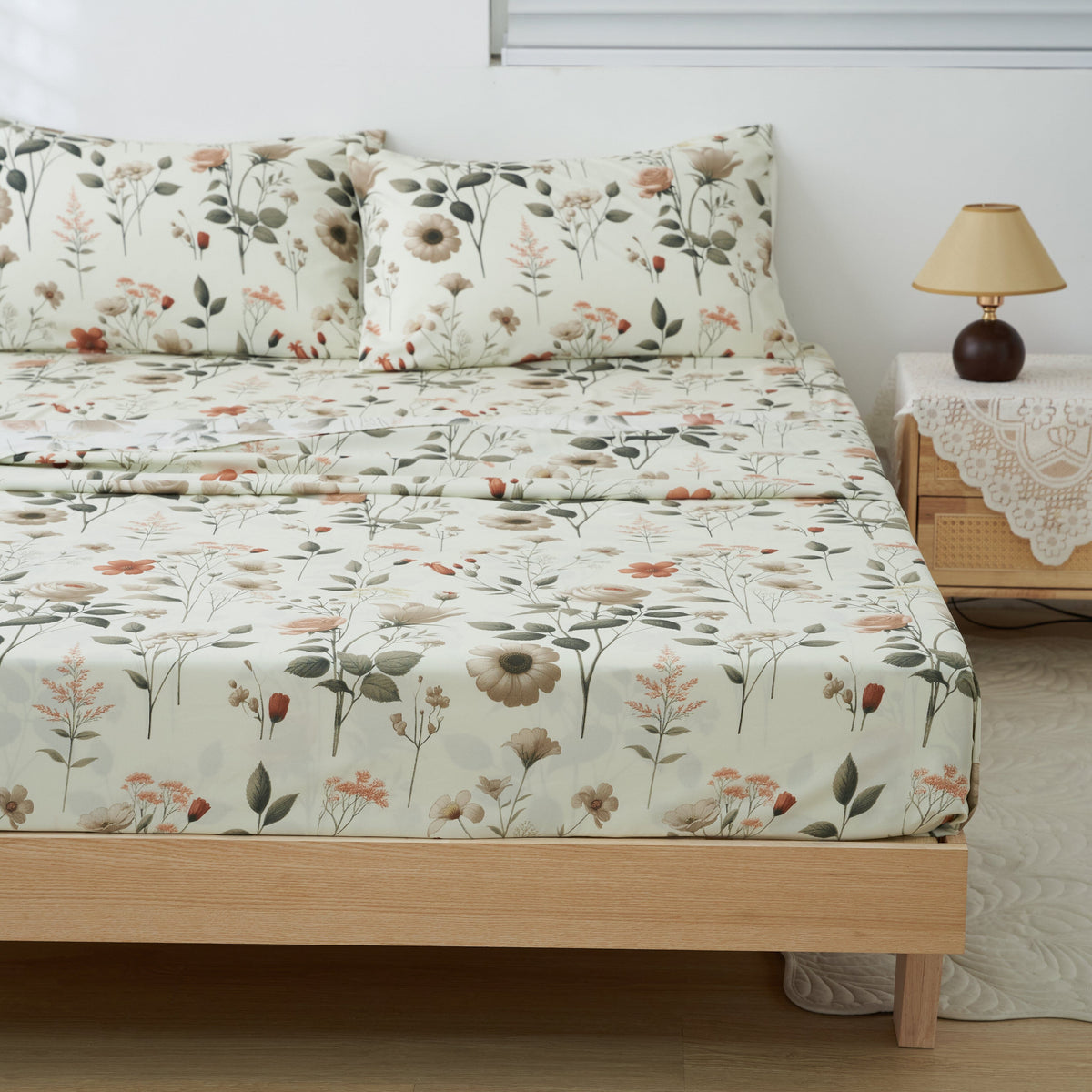 Floral microfiber bed sheet set with cream background and botanical blossoms; neat fitted look