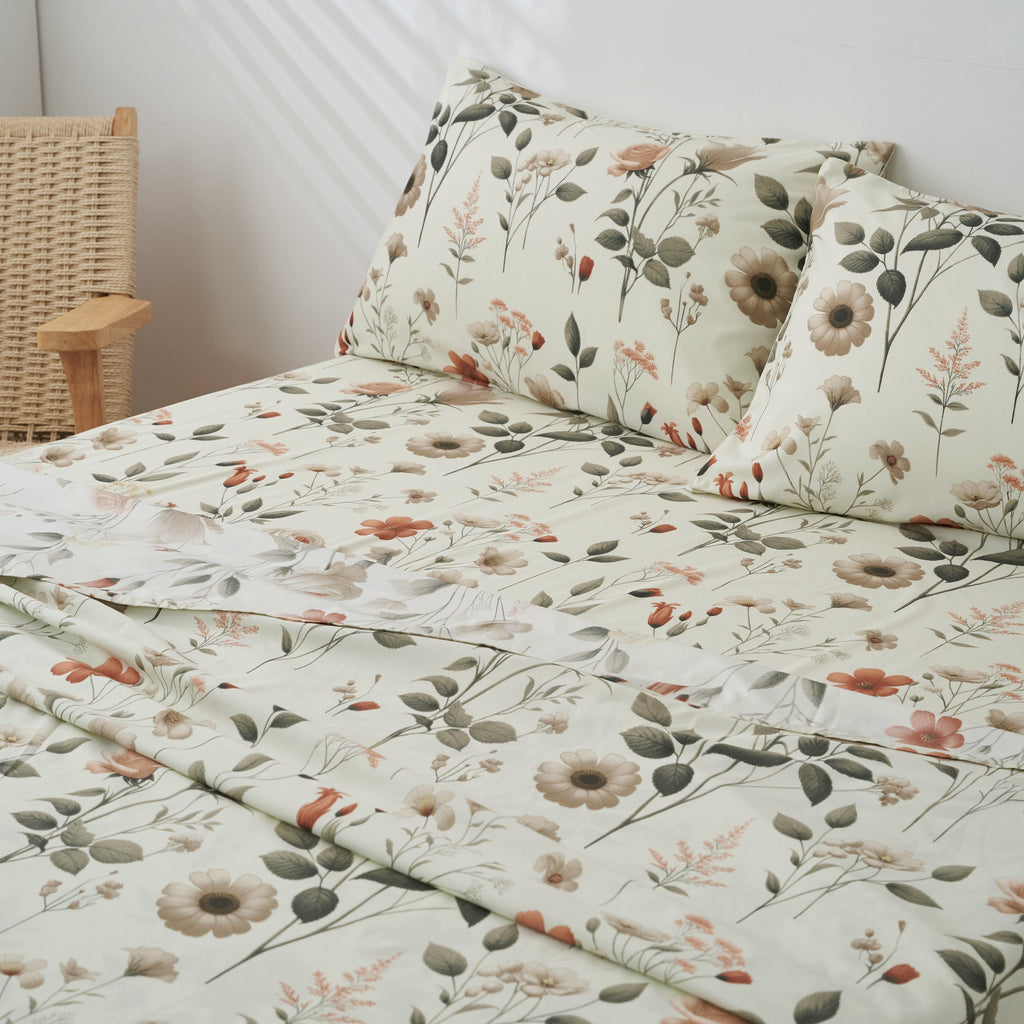 Floral microfiber sheet set with cream base and botanical pattern; includes matching pillowcases