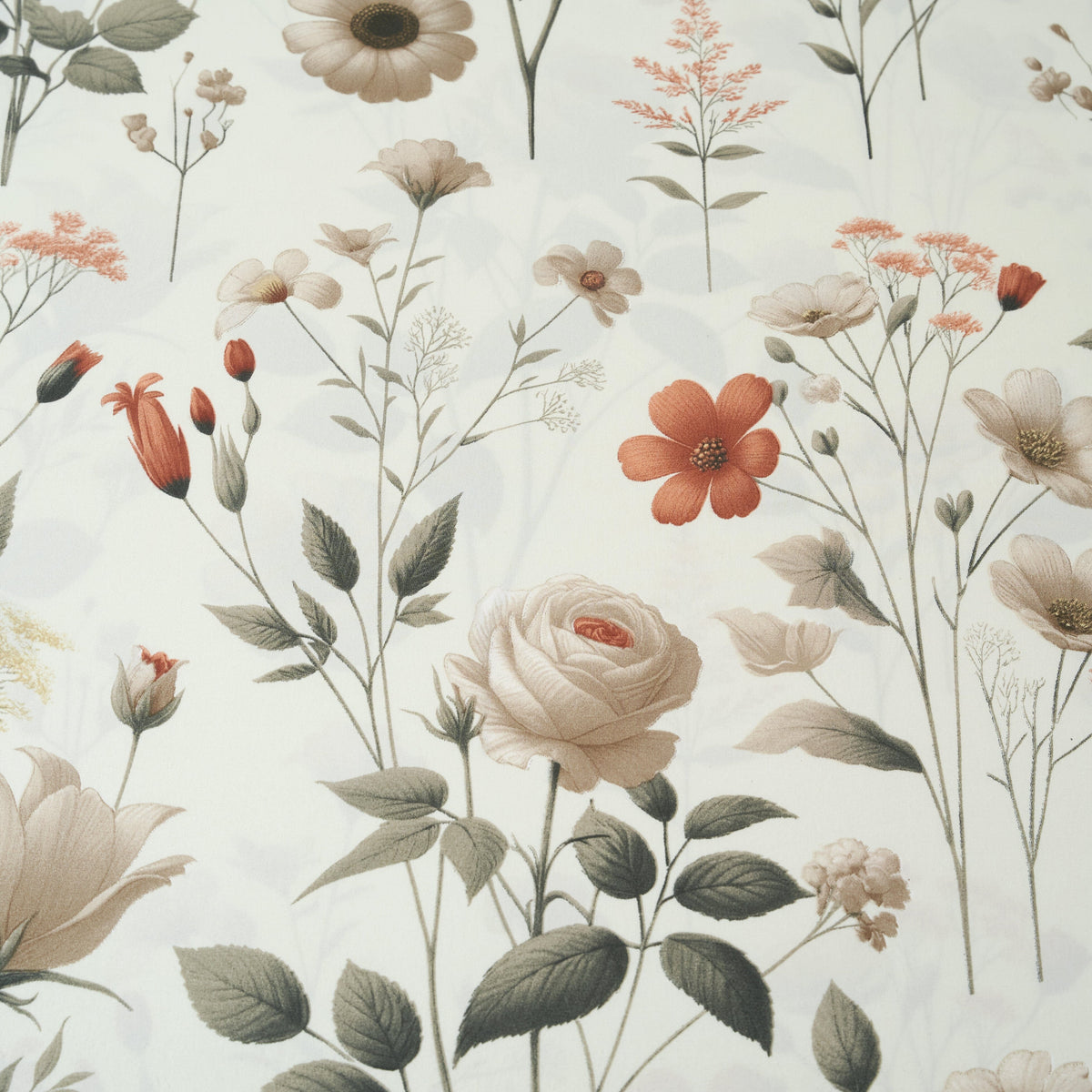 Close-up floral microfiber fabric in cream with orange, green, and brown botanical stems