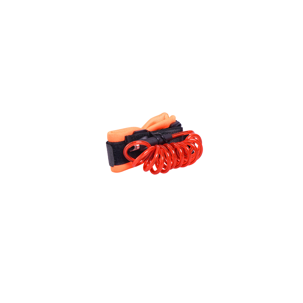 Coiled orange cable with black strap and orange foam end caps