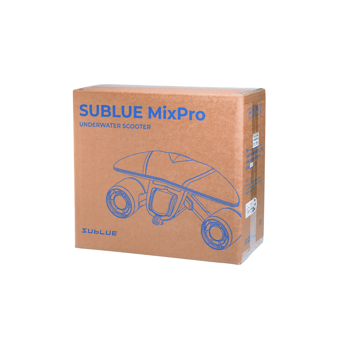 Brown shipping box with SUBLUE underwater scooter line drawing graphic