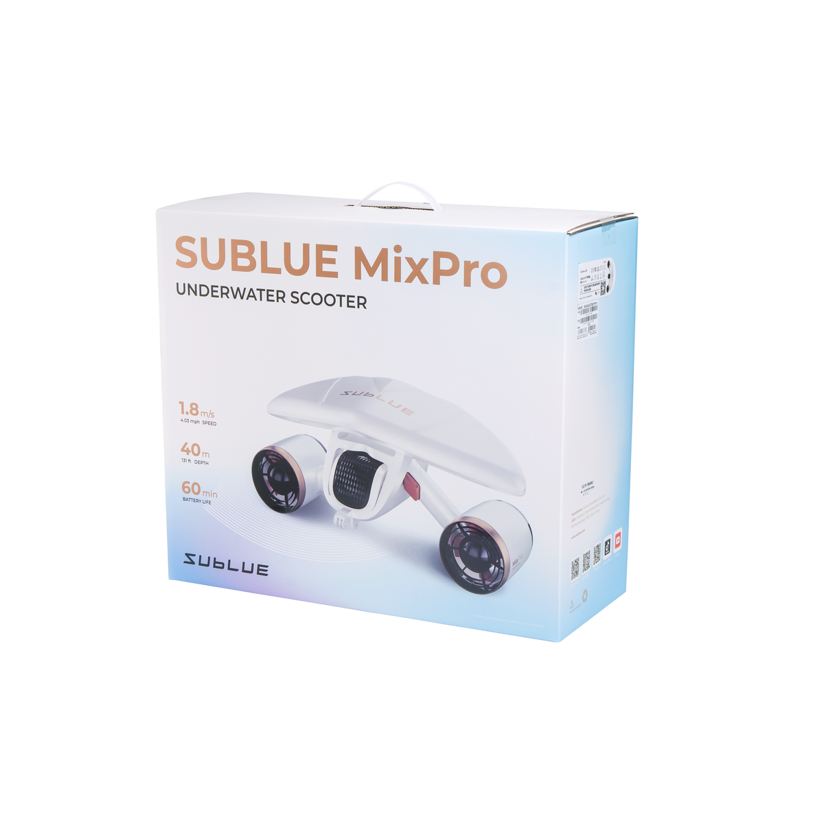 White retail box with SUBLUE underwater scooter image and product title