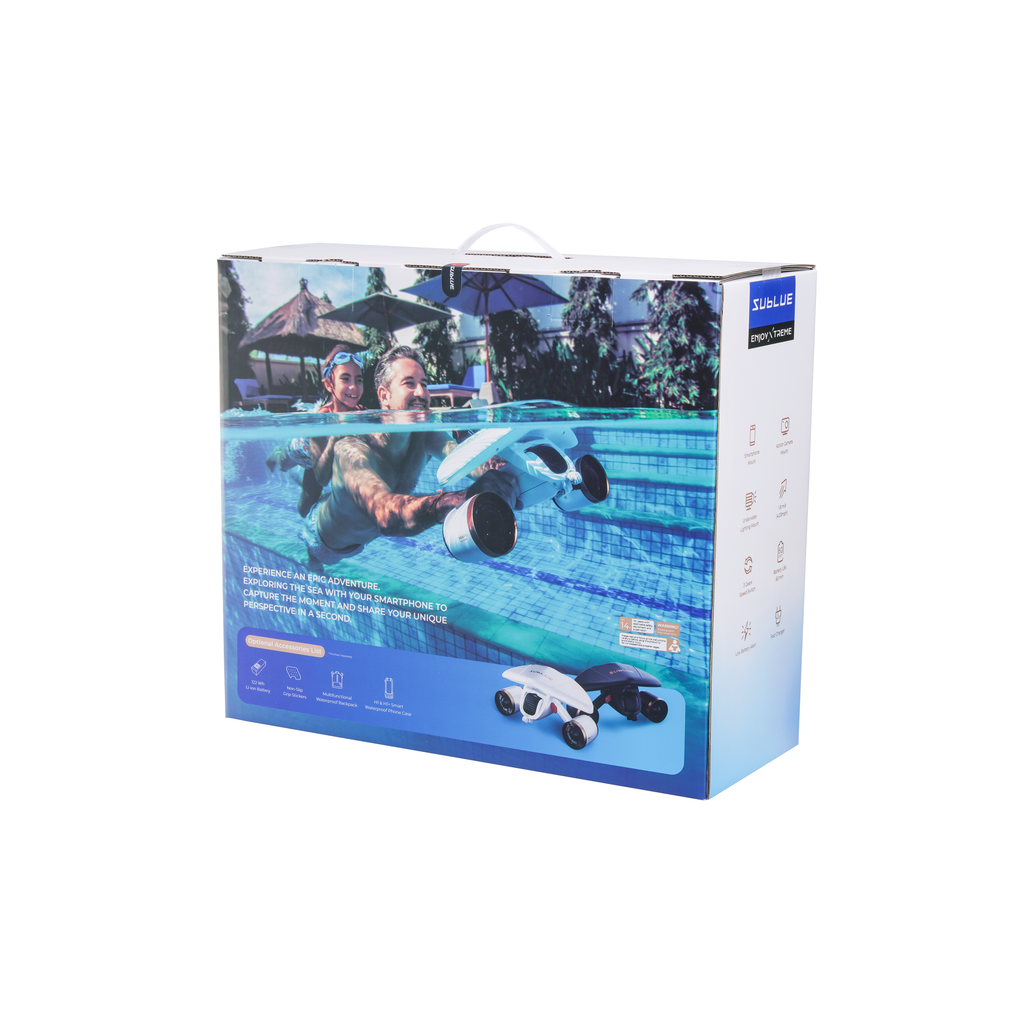 Printed retail box showing pool scene and underwater scooter product graphic