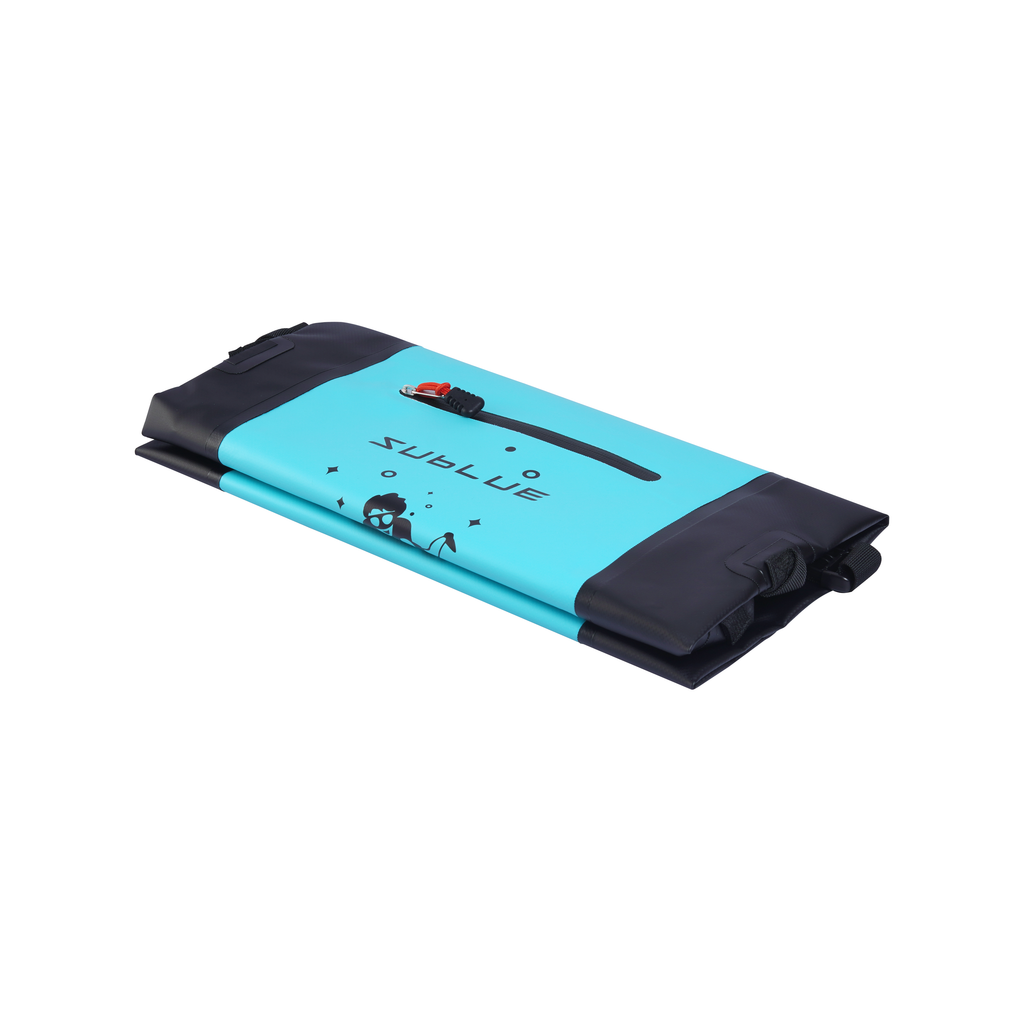 Folded storage pouch with blue panel and black top and side straps
