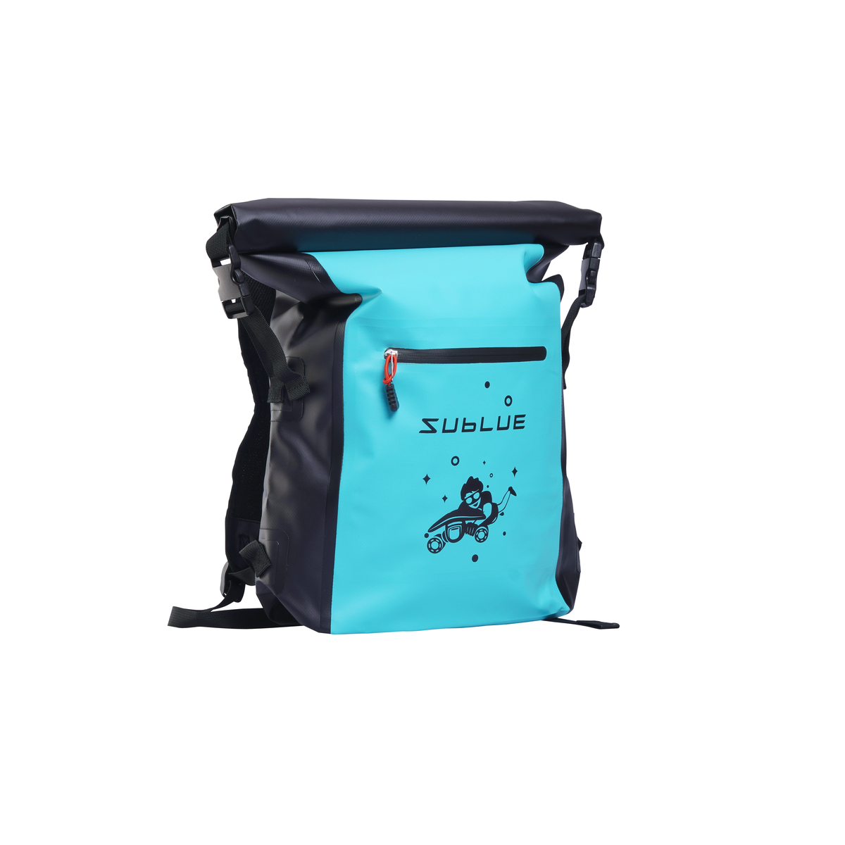 Waterproof messenger bag with blue front panel and black adjustable shoulder straps