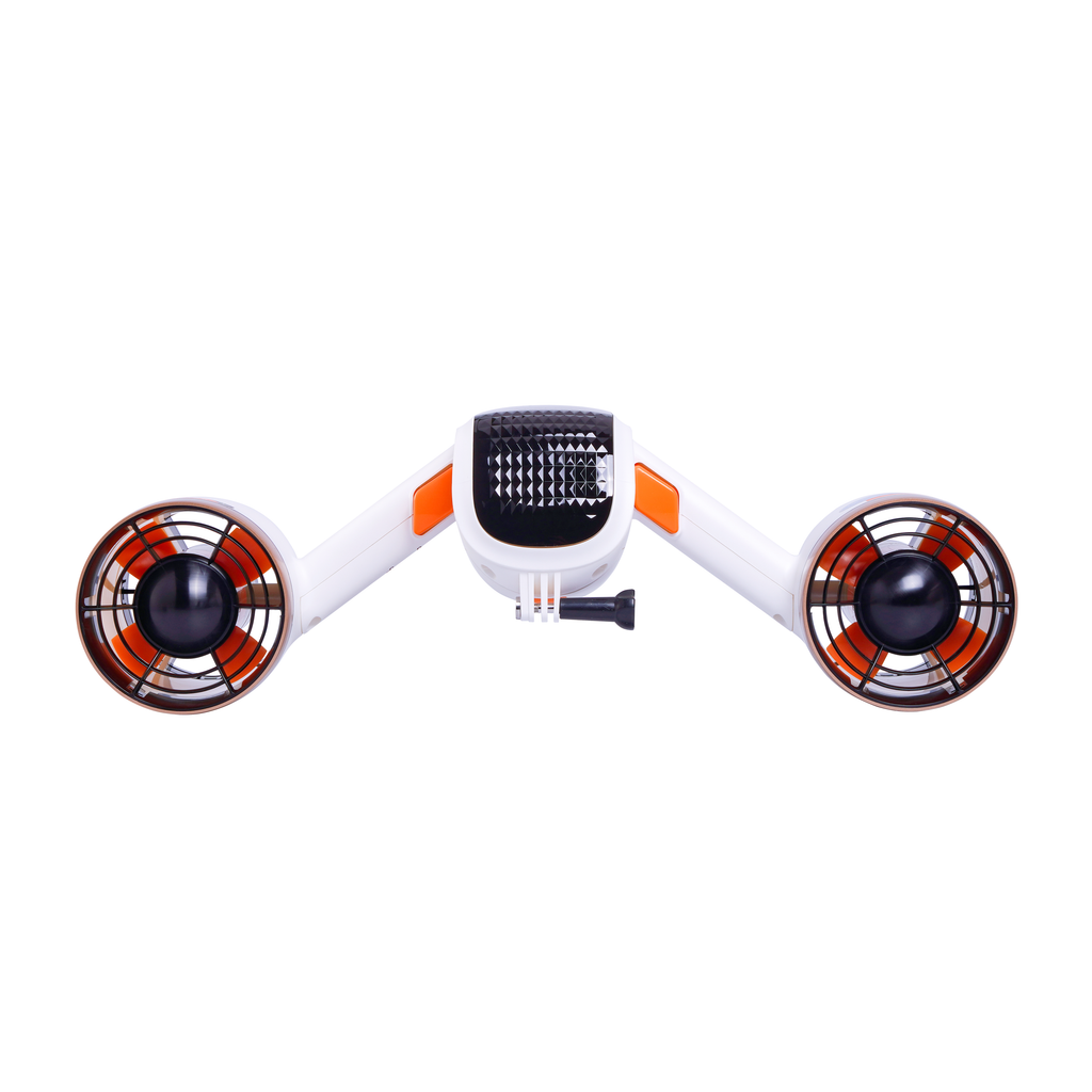 White underwater drone front view with two side fan grills and central sensor