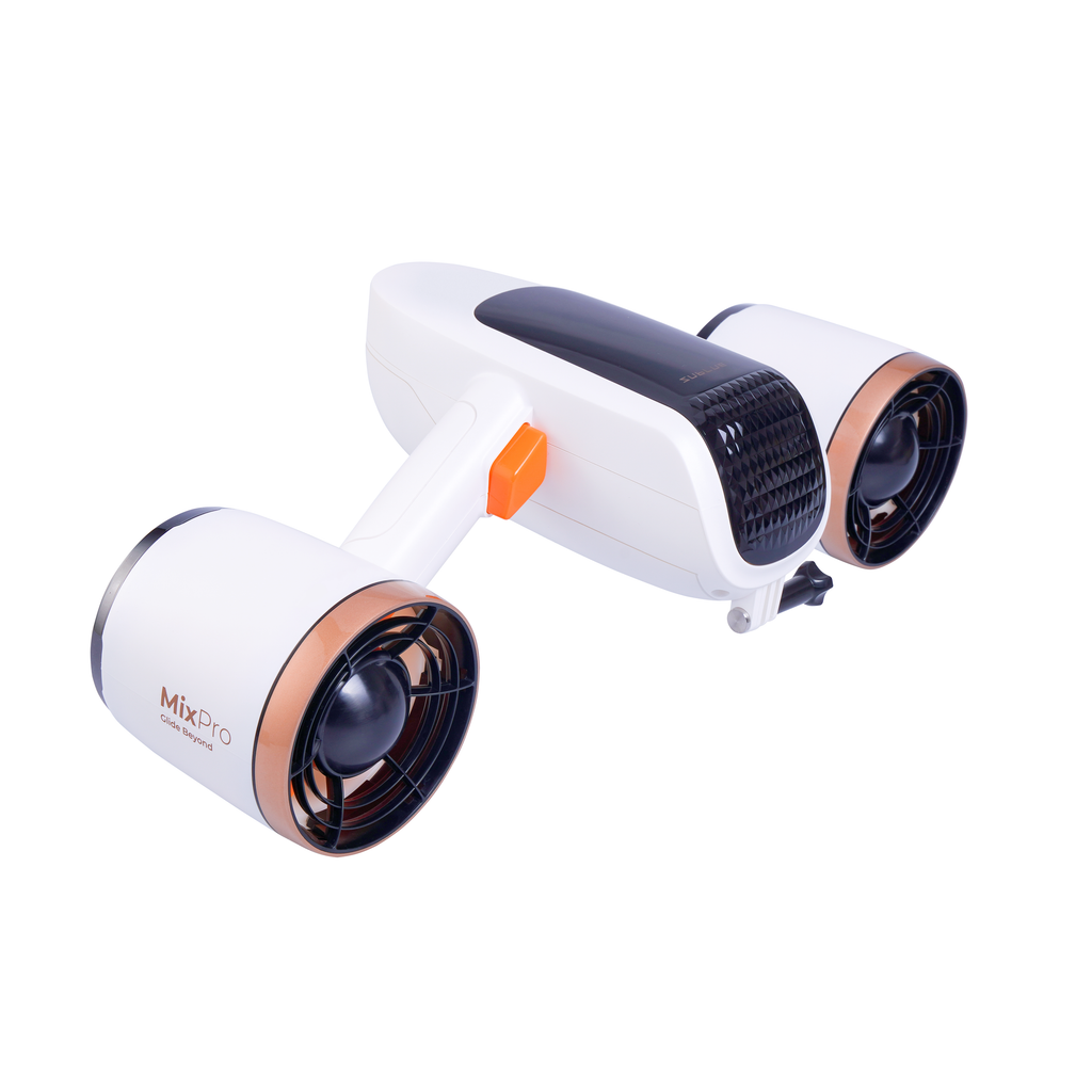 White underwater drone with orange accents and dual cylindrical side fan units