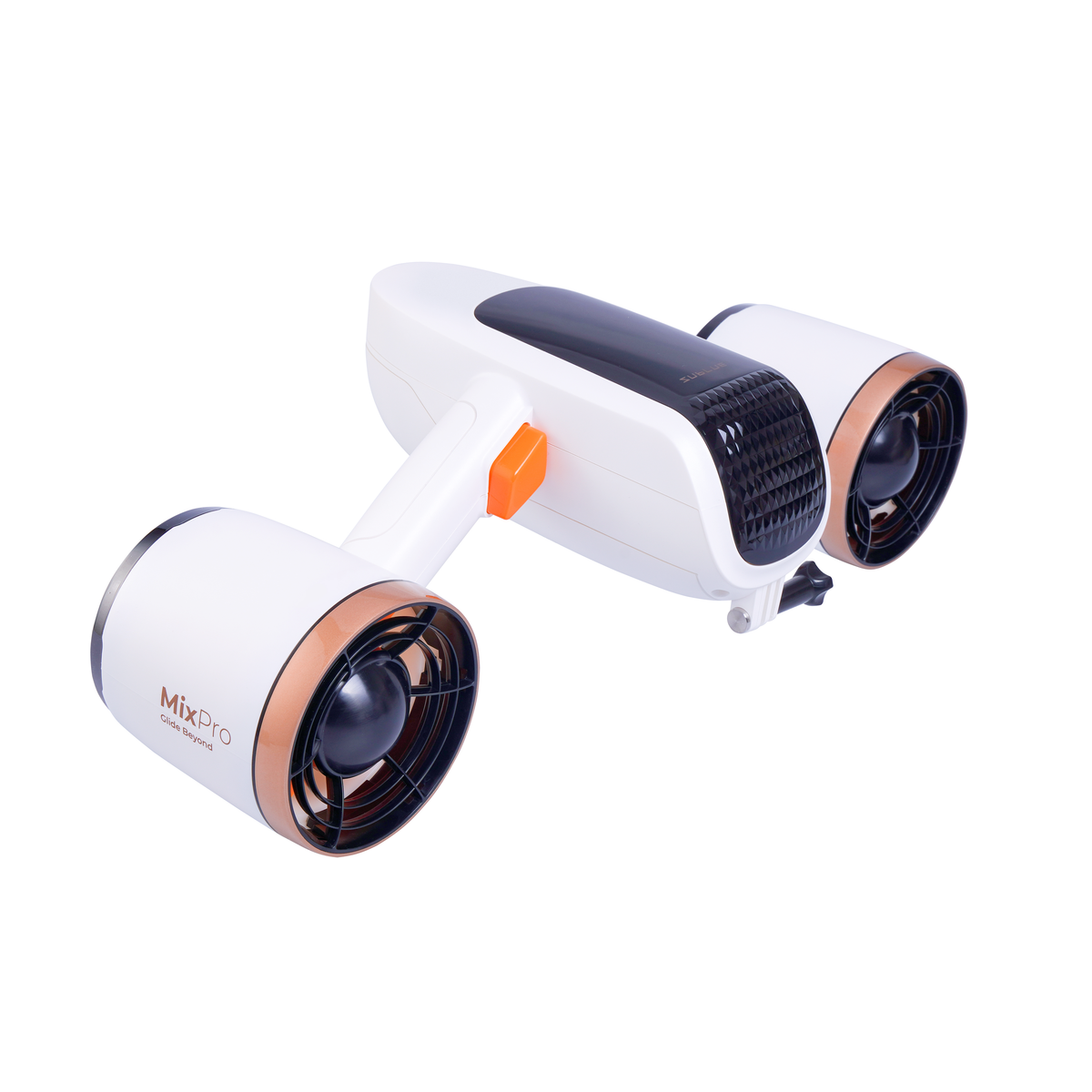 White underwater drone with orange accents and dual cylindrical side fan units