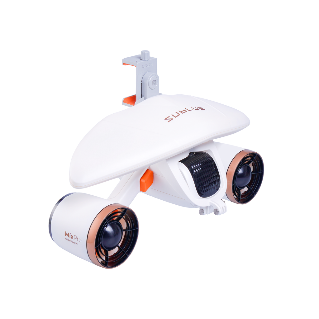 White underwater drone angled view with orange accents and dual side fans