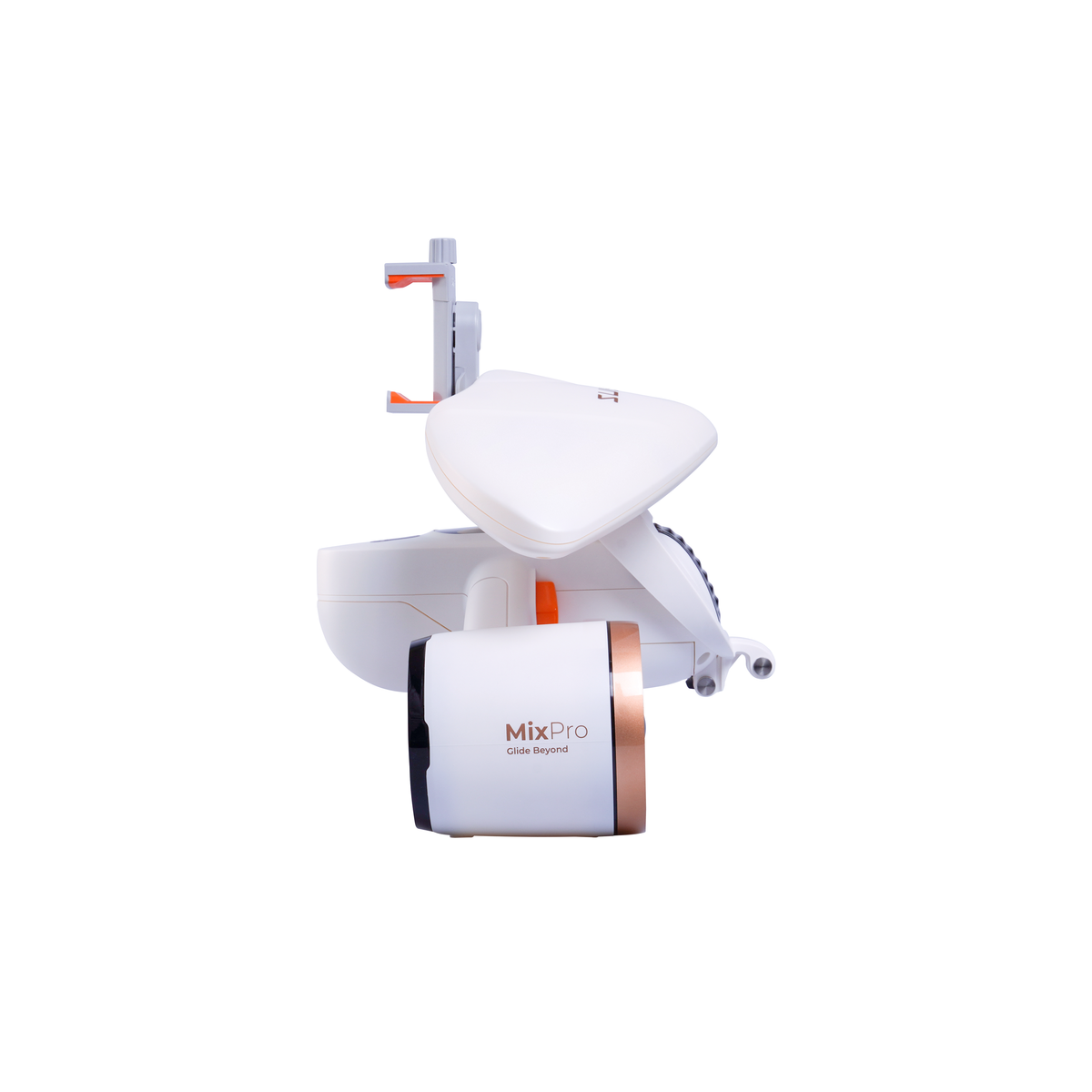 Compact grooming device in white with upright head cover and orange button