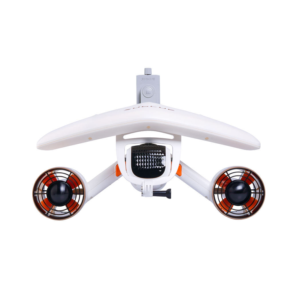 White underwater drone top view with central grille and dual circular side fans