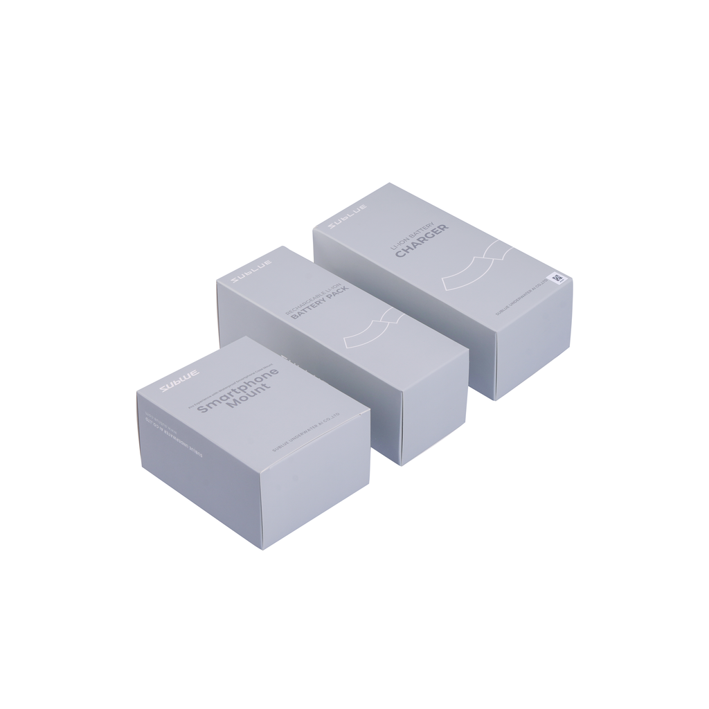 Three gray accessory boxes labeled for charging, with product packaging inserts