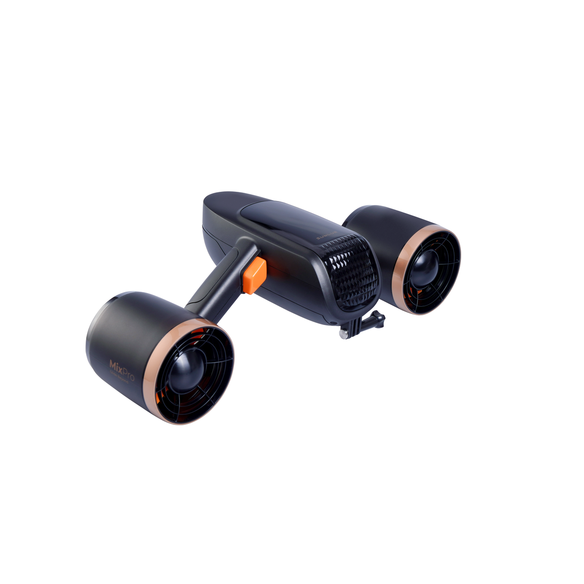 Compact grooming device in dark color with three round side units and orange accents