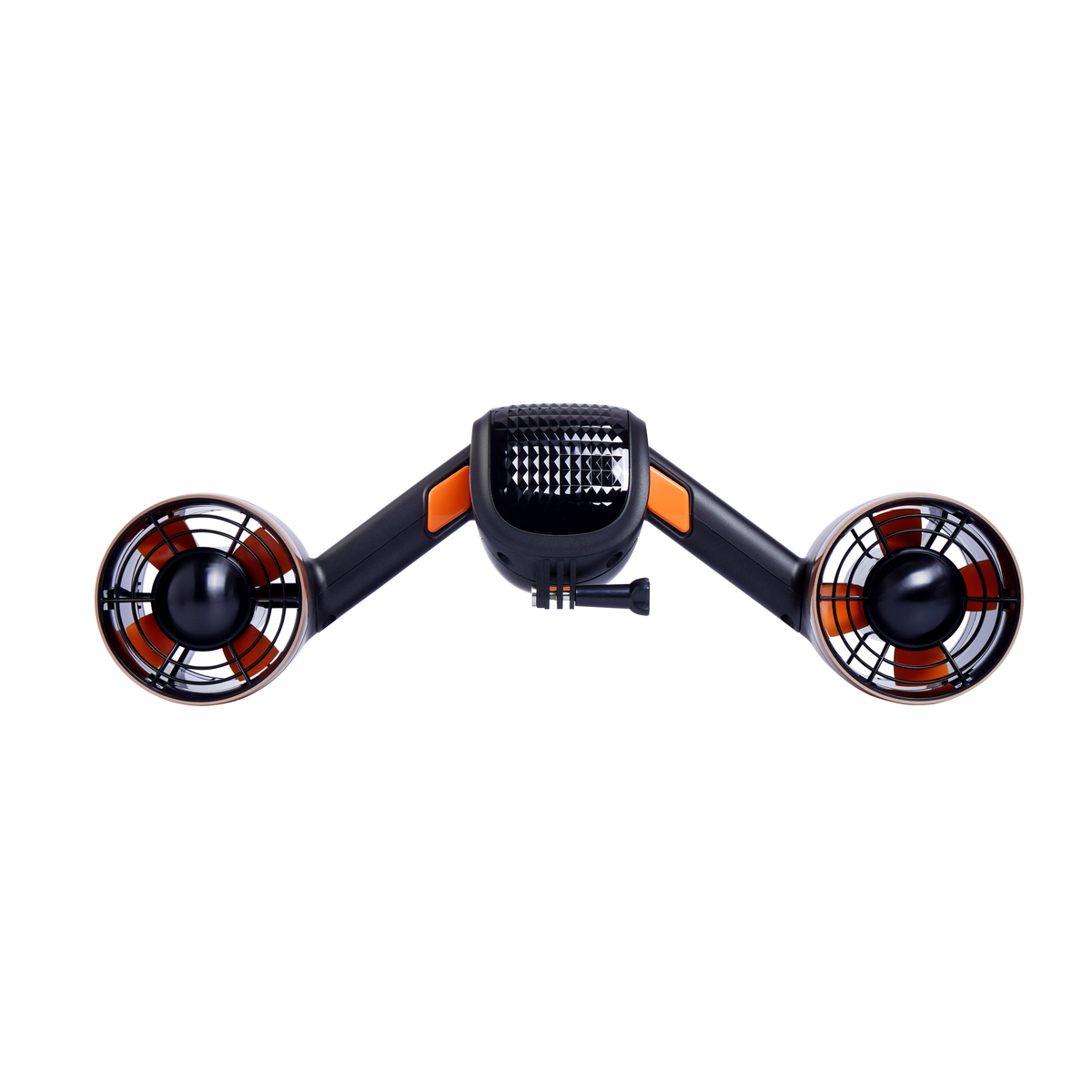 Compact grooming device front view with central grille and two side round fans