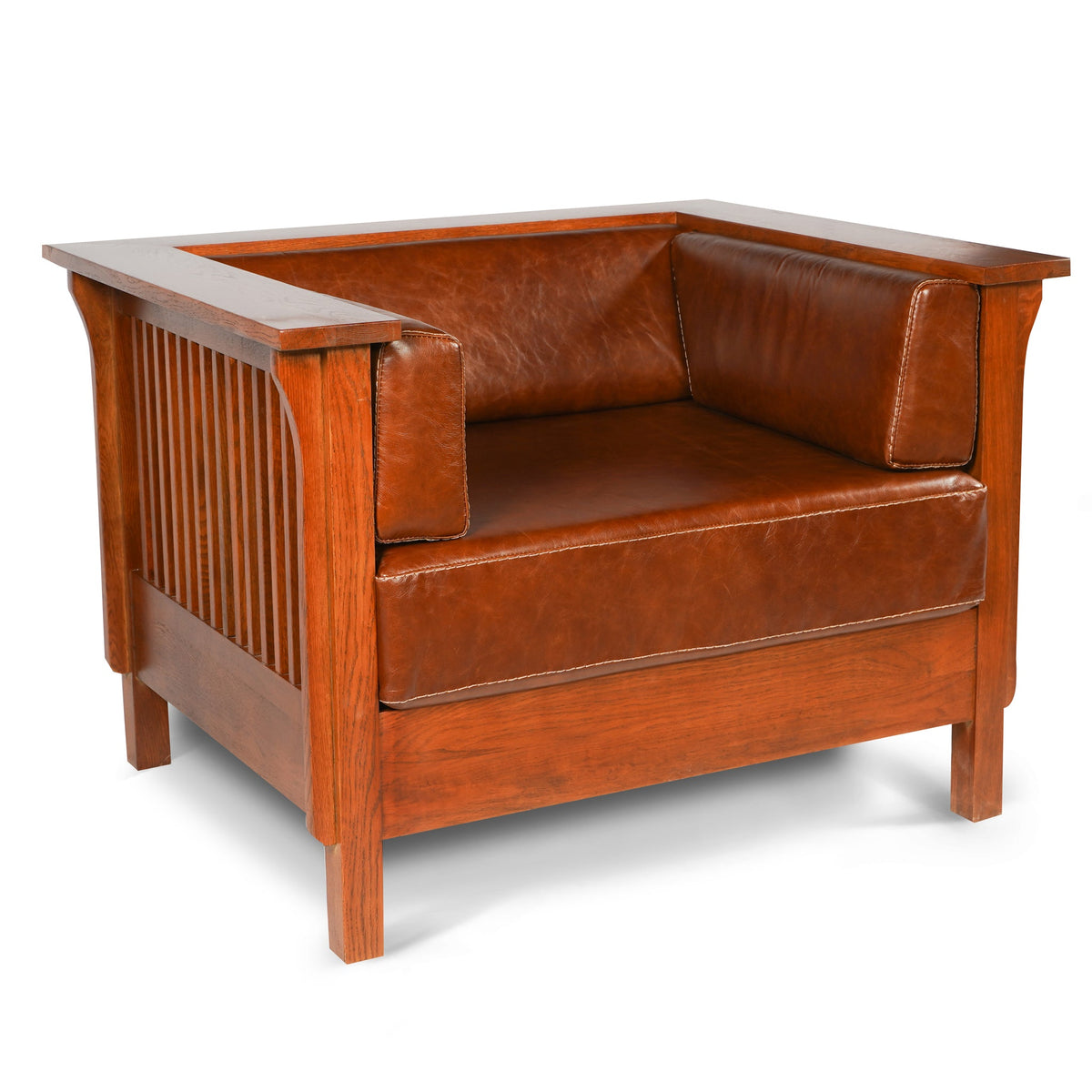 Brown leather craftsman side arm chair with slat wood side panels and padded arms.