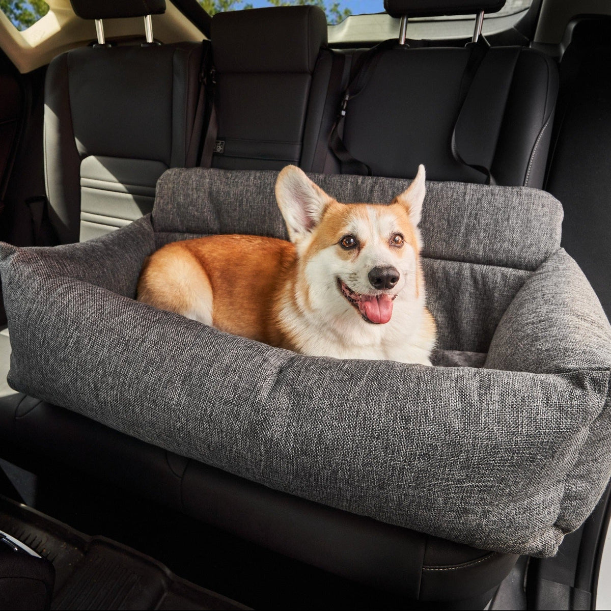 Gray tweed memory foam dog car bed with raised sides for secure lounging
