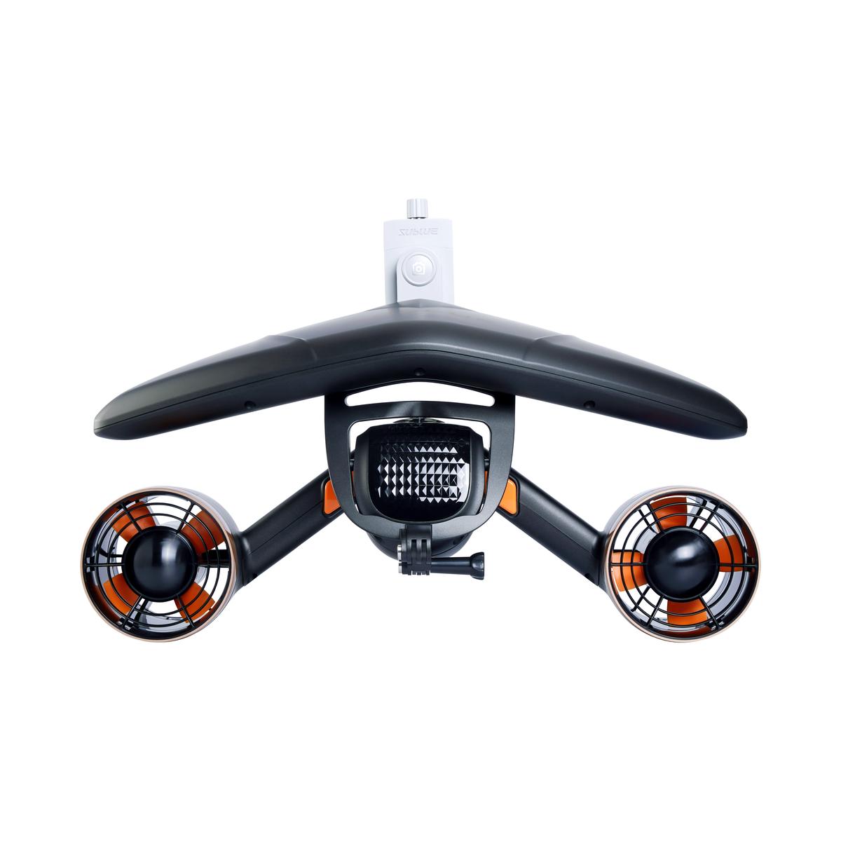 Compact grooming device top view with central grille and two orange-ringed side units