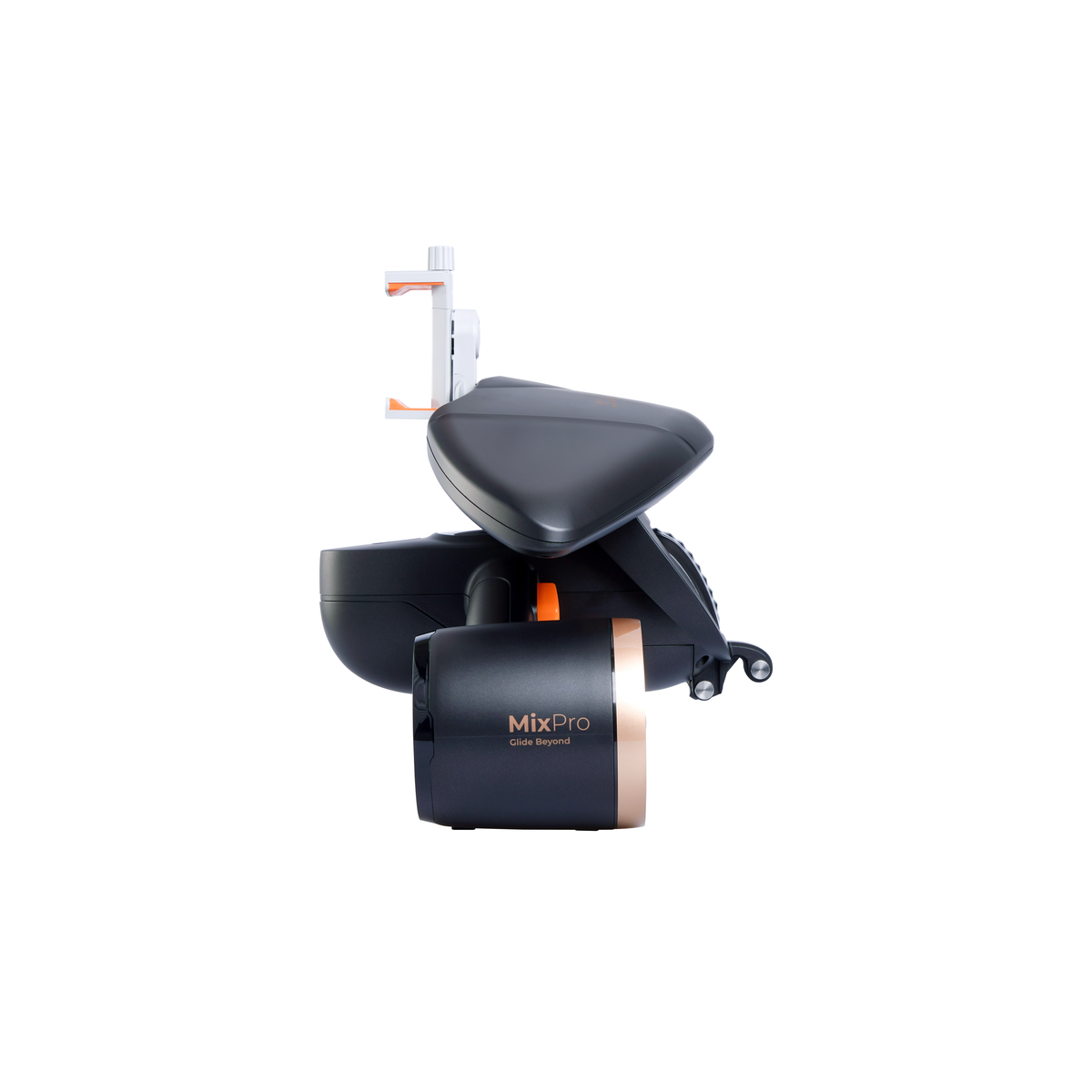 Compact grooming device in dark color with open head cover and orange accent