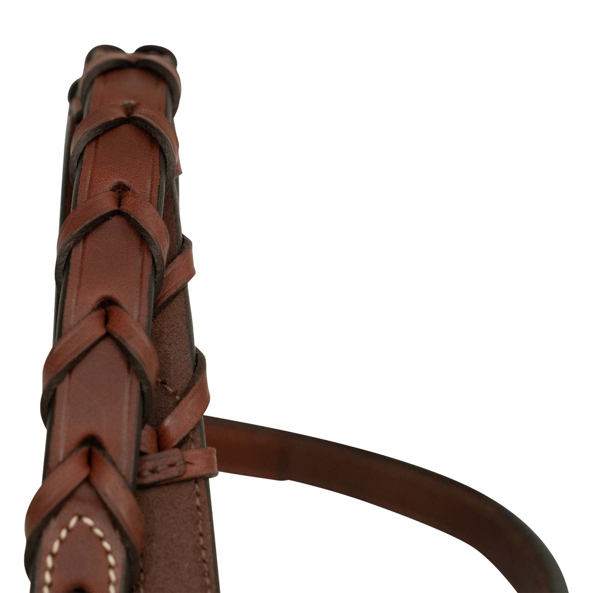 Brown leather rein end with decorative lacing and stitched paneling