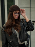 Chocolate-brown Docker cap with rounded crown and folded brim