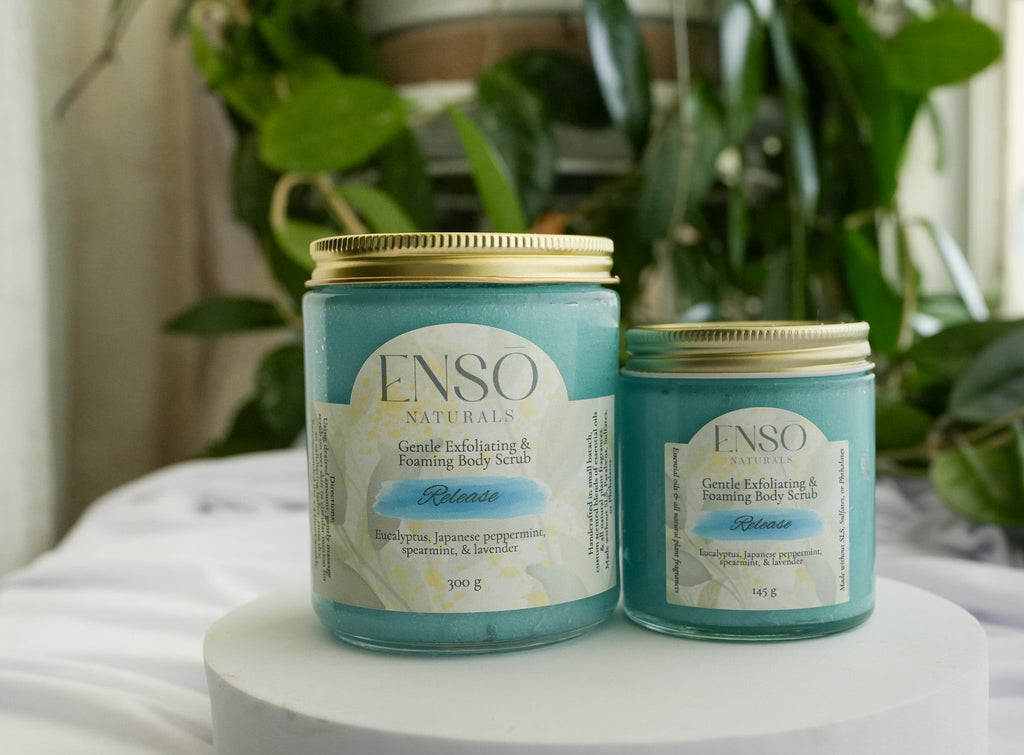 Gentle foaming sugar scrub jars with gold lids, blue mint tubs in two sizes