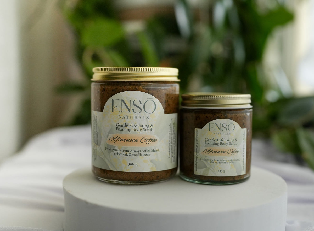 Gentle foaming sugar scrub jars with gold lids, brown scrub tubs in two sizes