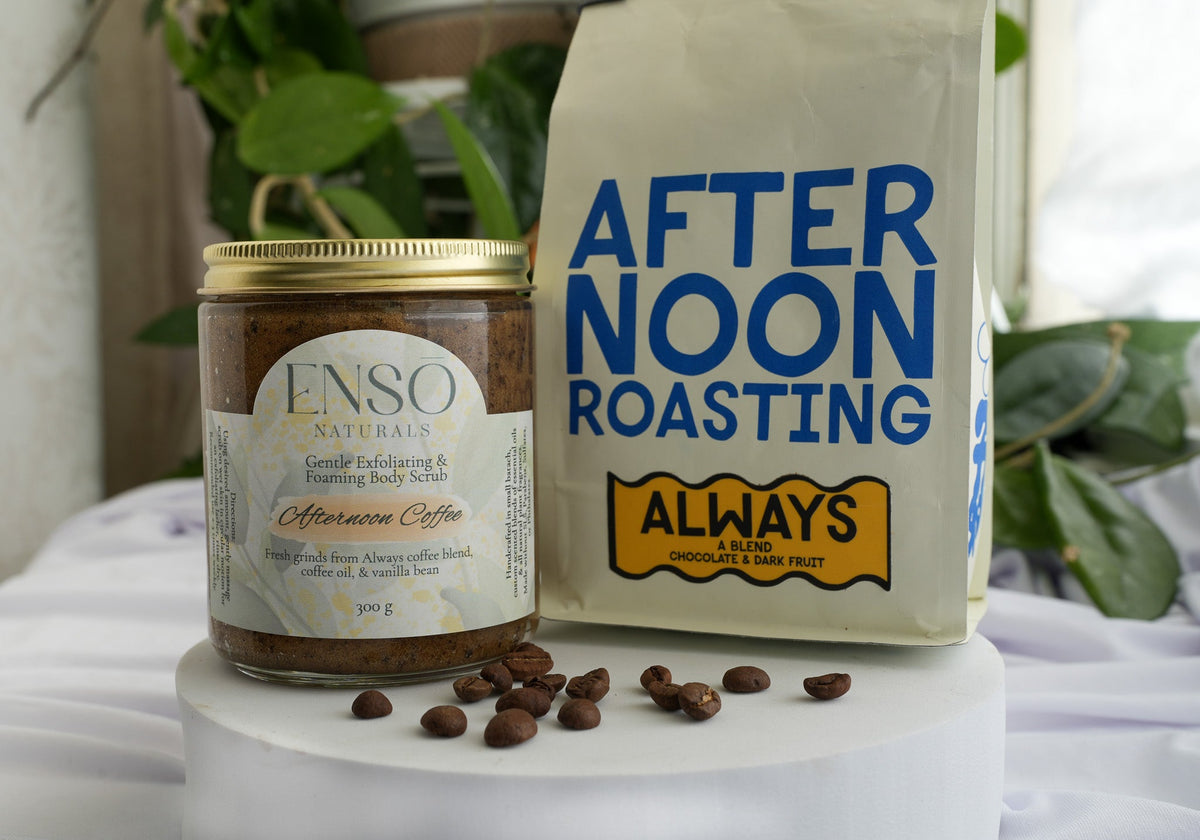 Gentle foaming sugar scrub jar and After Noon Roasting pouch with scattered coffee beans
