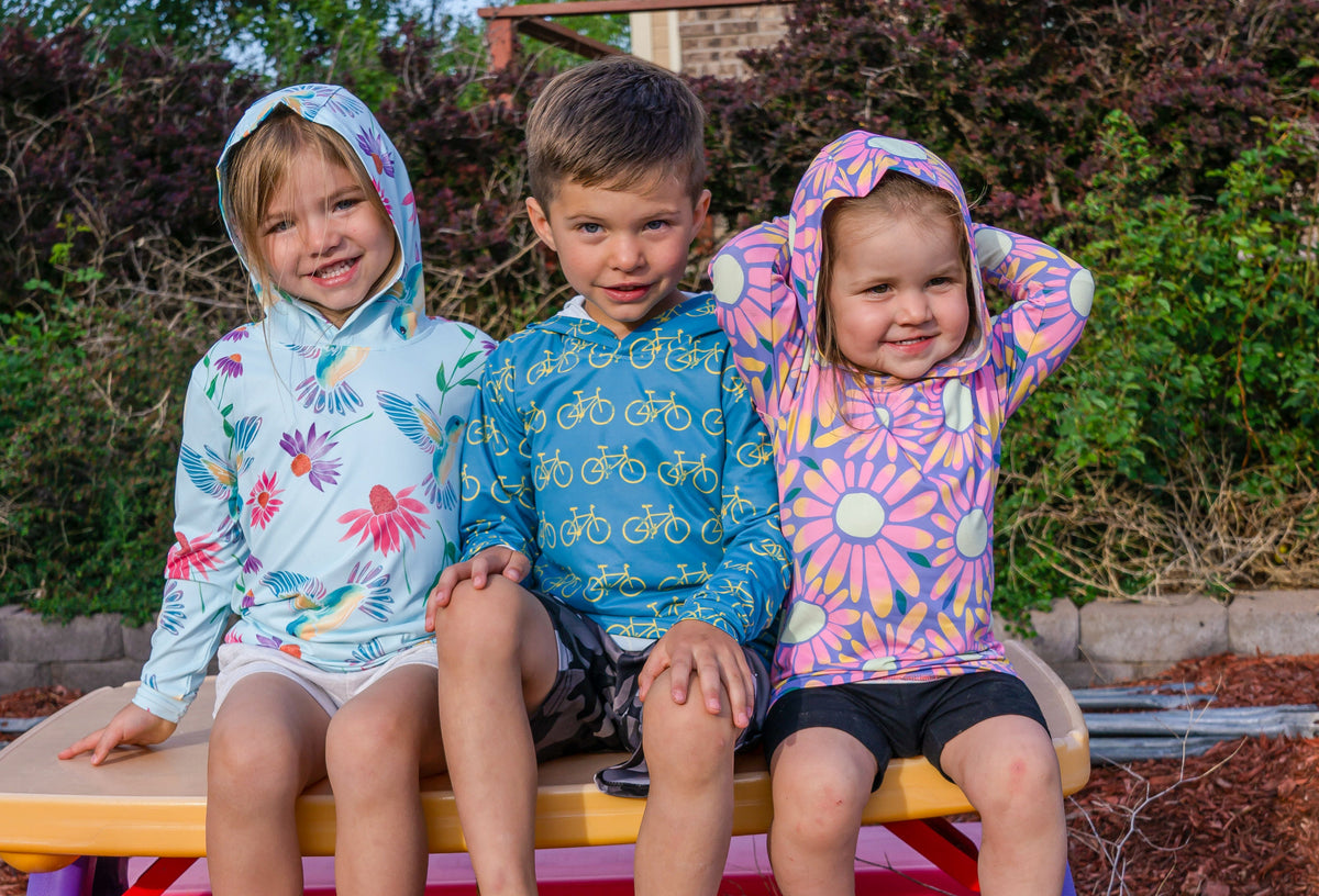 Blue bike-print kids sun hoodie with hood and long sleeves