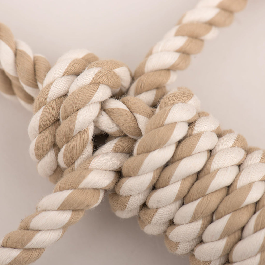 Close-up of a beige braided rope knot on a tug-style dog toy