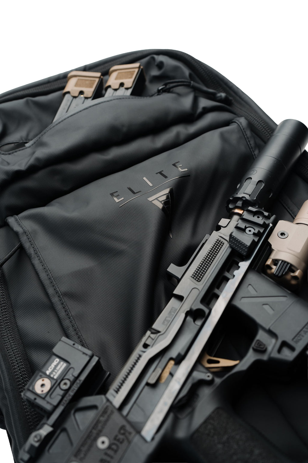 SBR backpack interior close-up with ELITE branding and a secured slotted storage system
