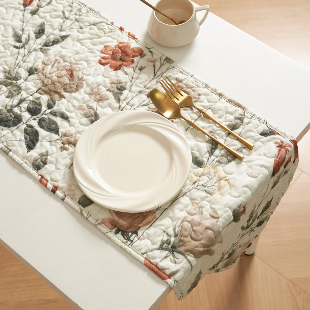 Quilted dinner table runner, beige floral print with rose and olive-green leaves