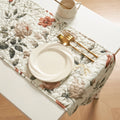 Quilted dinner table runner, beige floral print with rose and olive-green leaves
