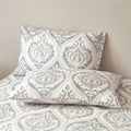 Gray and white damask ogee-pattern pillowcase set with folded hem detail
