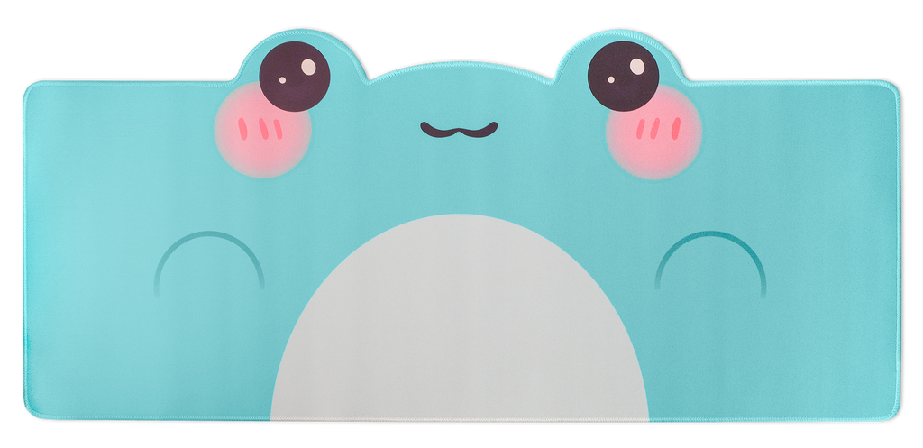 Teal frog-face desk mat with white belly and pink cheeks, rounded top corners