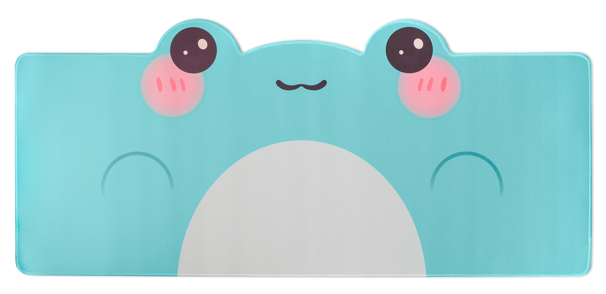 Teal frog-face desk mat with white belly and pink cheeks, rounded top corners