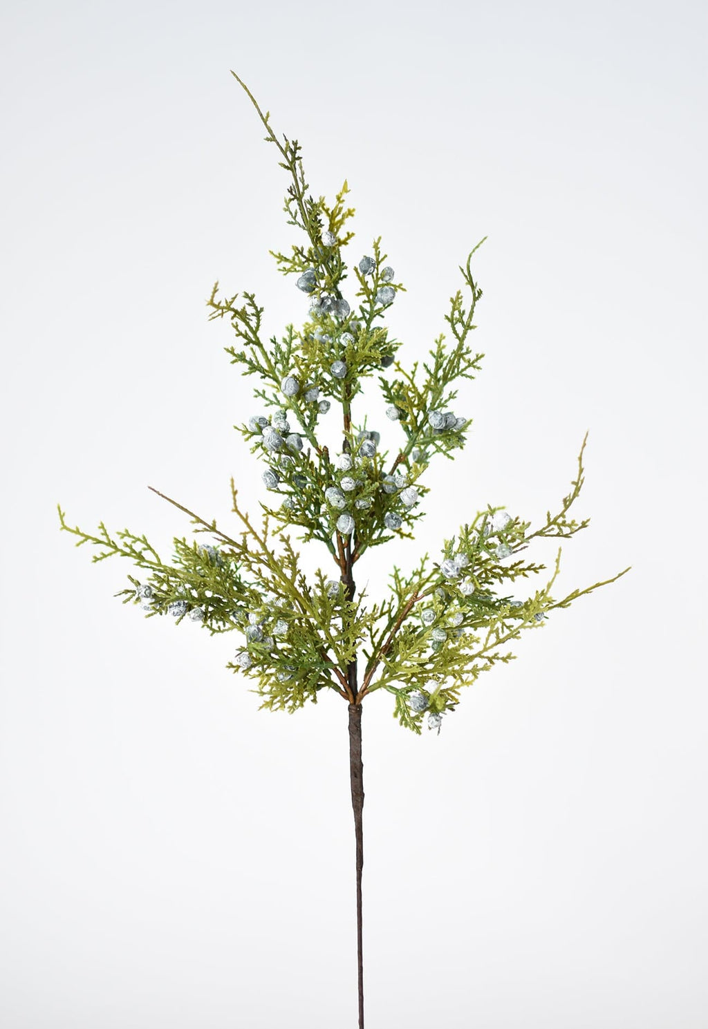 Faux juniper greenery stem with clustered silver-toned berries and fine branches