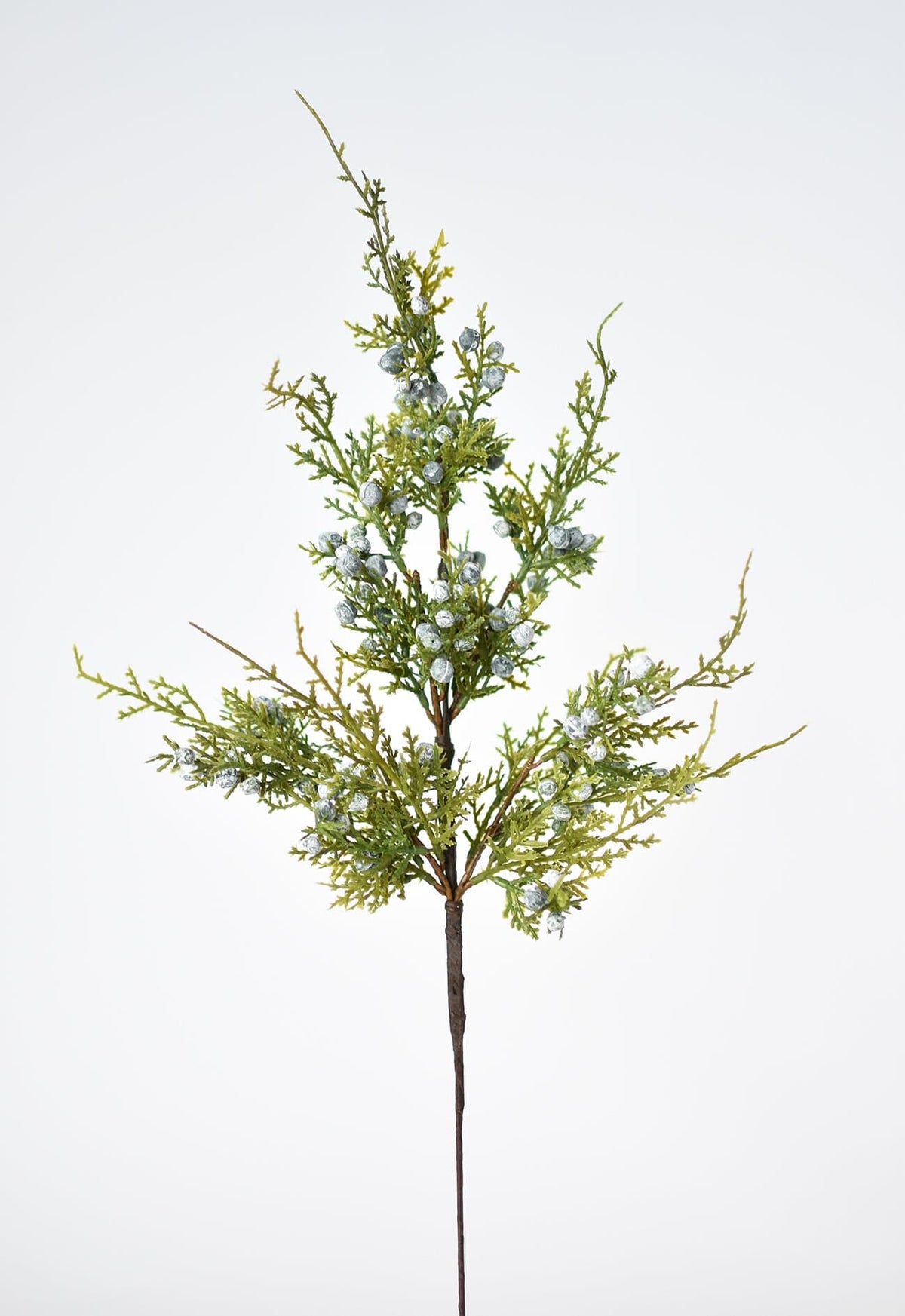 Faux juniper greenery stem with clustered silver-toned berries and fine branches
