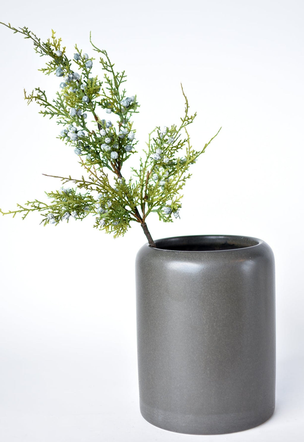Faux juniper greenery stem with silver berries, slender brown branches