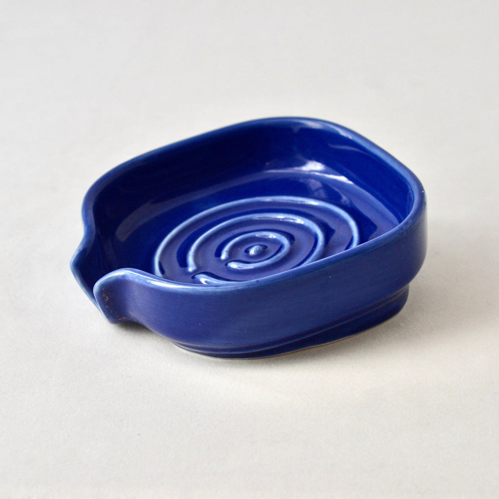 Cobalt blue porcelain soapdish with built-in self-draining swirl channel