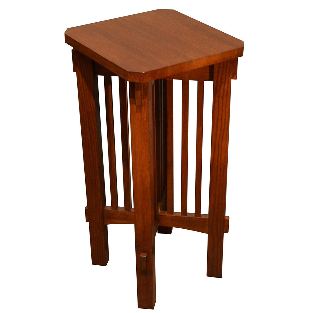 Square-top wooden plant stand with spindle-style legs in warm brown finish