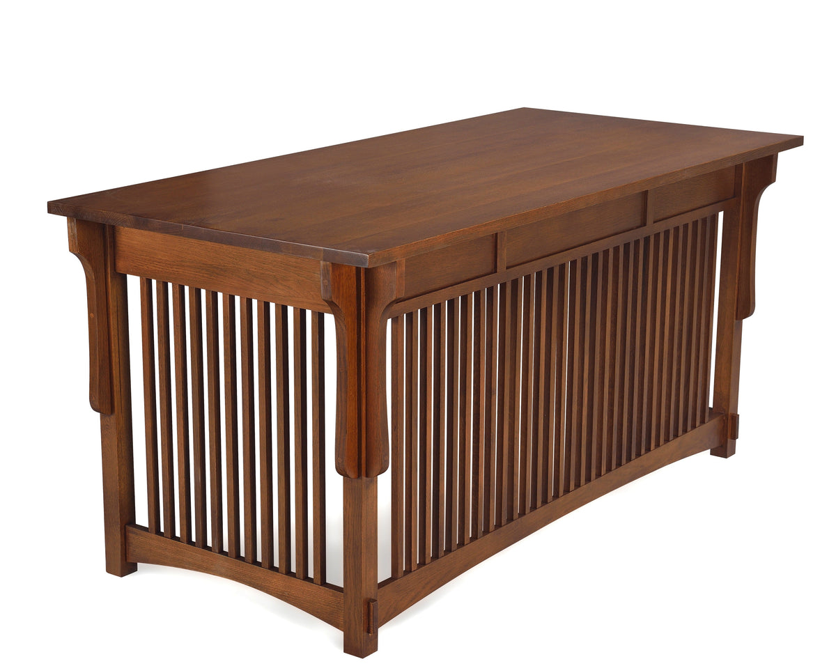 Wood library desk with slatted side panels and block-style legs in warm brown finish.