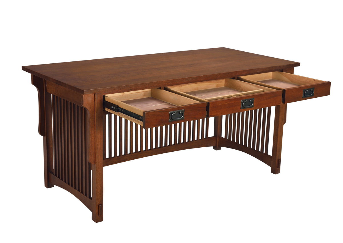 Wood library desk with open top compartments and drawers, slatted sides, warm brown finish.