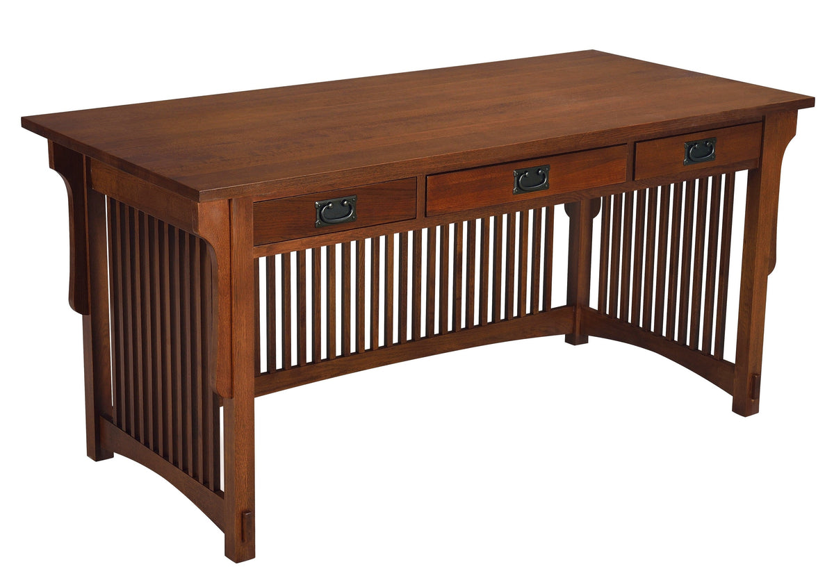 Warm wood 3-drawer library desk with slatted sides and curved legs on a white background.
