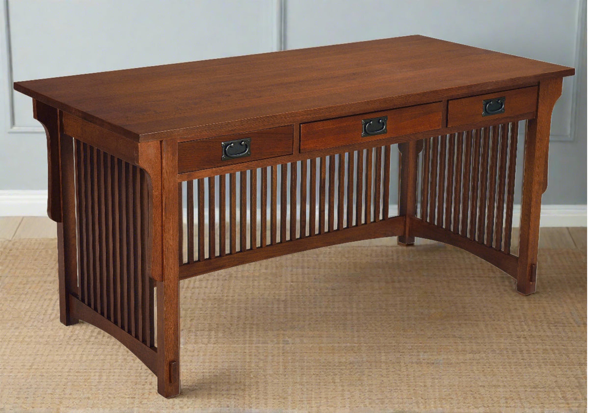 Wood library desk with 3 drawers, slatted front panels, and warm medium-brown finish.