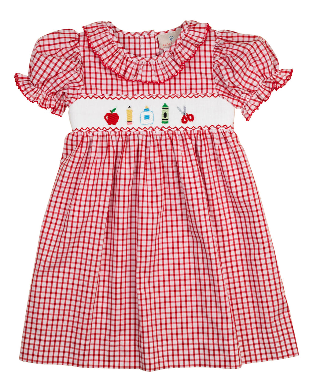 Red and white windowpane smocked yoke dress with ruffled collar and puff sleeves