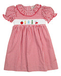 Red and white windowpane smocked yoke dress with ruffled collar and puff sleeves