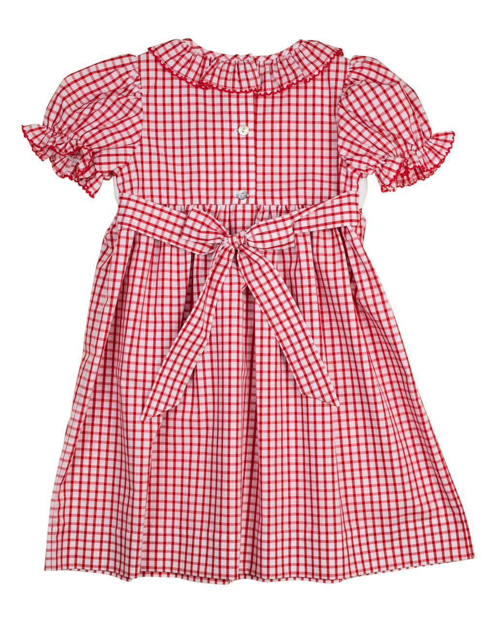 Red and white windowpane dress with smocked yoke and tied waist bow